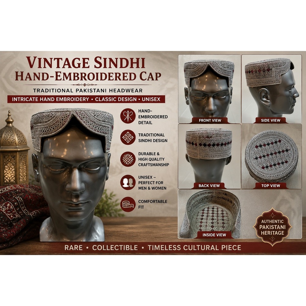 Sindhi Topi Hat Silver Metallic Embroidered Geometric Cultural Skullcap Kufi